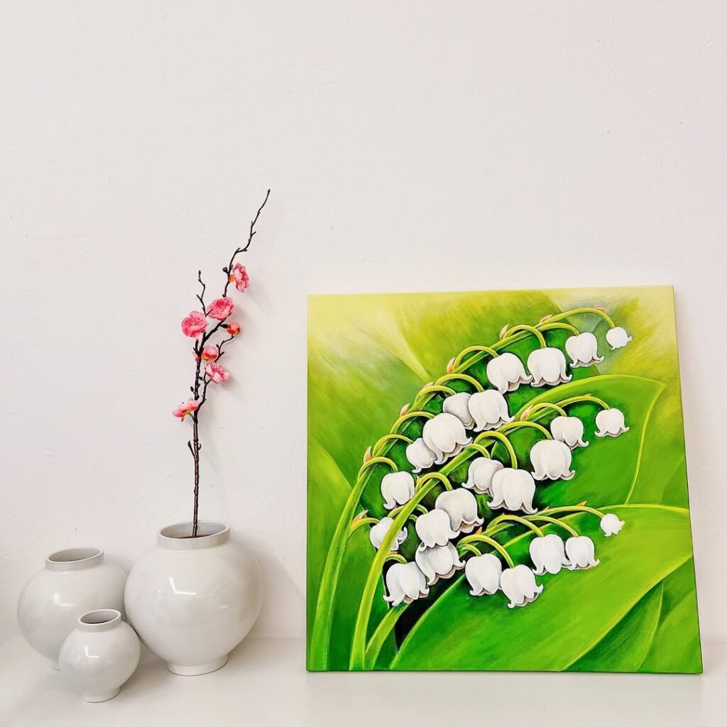 Korean-style lily of the valley oil painting.