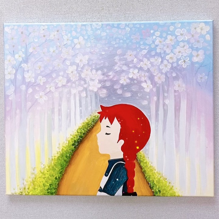 An oil painting of Anne of Green Gables beneath the cherry blossoms.