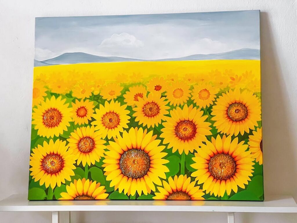 Hand-painted sunflower oil painting by a Korean artist.